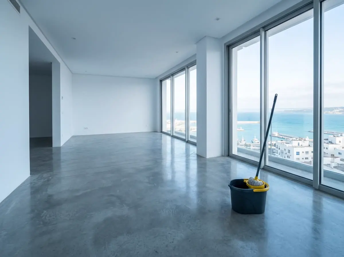 Appartement vide après travaux, sol lessivé devant les baies vitrées