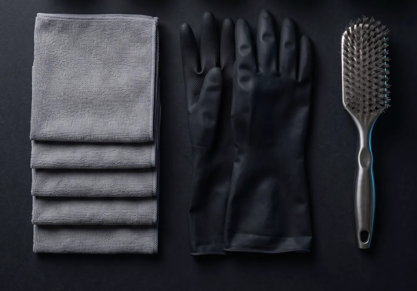 Microfibres, gants et brosse alignés à plat sur un fond sombre