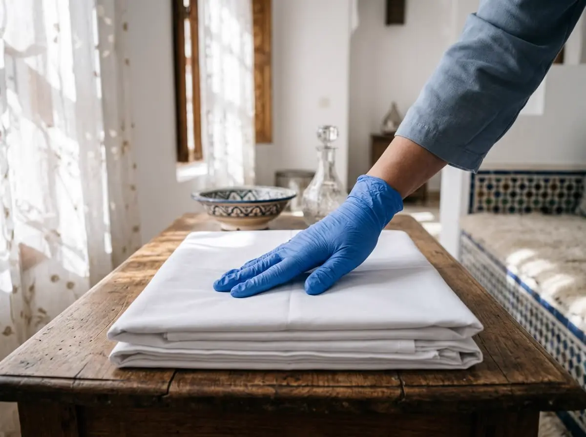 Linge de maison plié sur une table en bois, dans un intérieur tangérois